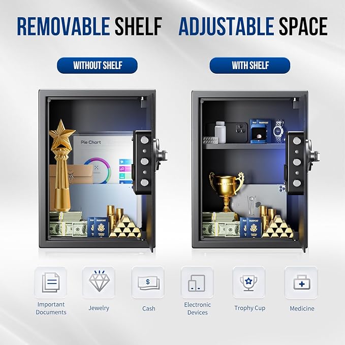 BlackSmith Large Home Safe Box 2.0 Cub Biometric Safe Fingerprint Recogntion Security Safe with Removable Shelf LED Light Fireproof Bag Wall Mount Cabinet Safe for Home Office Hotel