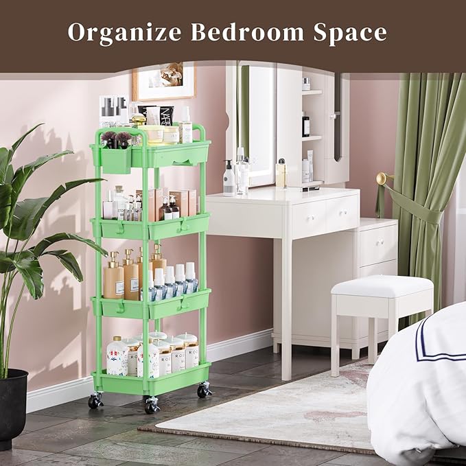 4 Tier Rolling Utility Cart with Drawer, Utility Storage Organizer with Plastic Shelf & Lockable Wheels Multifunctional Storage Cart for Kitchen, Bathroom, Office, Living Room, Green