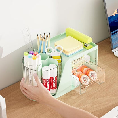 Marbrasse Desk Organizer with 2 Drawer, 360°Rotating Pen Holder for Desk, Desk Organizers and Accessories with 6 Slots Pencil Organizer + 2 Drawer, Art Supply Storage Box Caddy for Office (Green)