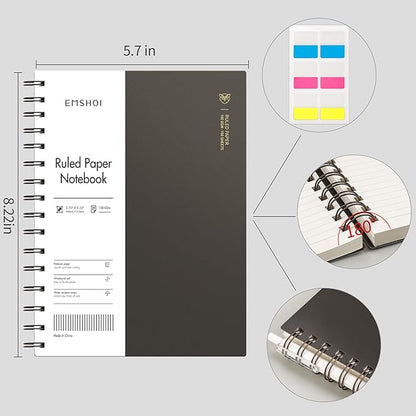 EMSHOI A5 Spiral Notebook College Ruled Lined Journal, Small 5.7" X 8.22", 300 Pages/150 Sheets, 100gsm Thick Paper, Waterproof Hardcover, for Office School Women Men Work Writing Notes, Coffee