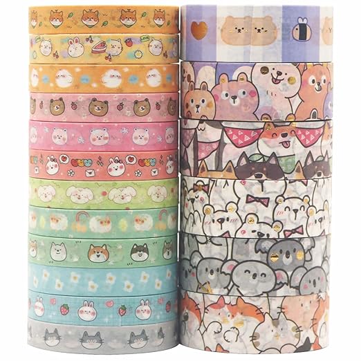YUBX Cute Pets Washi Tape Set 18 Rolls Skinny Gold Embellishment Decorative Masking Tapes for Arts, DIY Crafts, Journals, Planners, Scrapbook, Wrapping (Puppies) (Puppies)