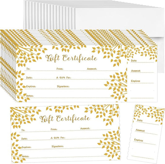 Sinmoe 50 Sets Gift Certificate for Business with 50 Pcs Envelopes Blank Gift Certificate Cards with Name and Address Rustic for Beauty Salon Restaurants Birthday(4.72 x 2.36 Inch, Branch Style)