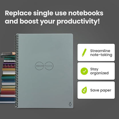 Rocketbook Core Reusable Spiral Notebook, Letter Size 8.5x11, Gray - Lined Pages, App-Connected, Erasable, Durable Cover, Ideal for School, Work, and Creative Projects