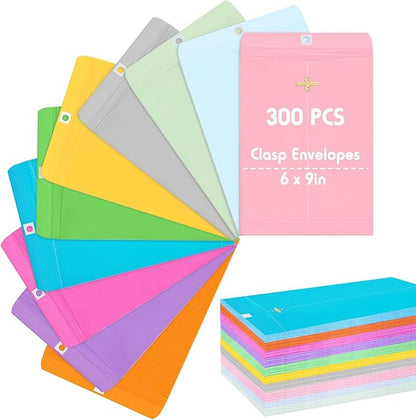 Geyee 300 Pcs 6 x 9 Inch Clasp Envelopes Manilla Envelopes Gummed Mailing Envelopes 28lb Kraft Clasp Closure for Storing or Mailing Colored Envelopes for Home Office Business(Bright Color)