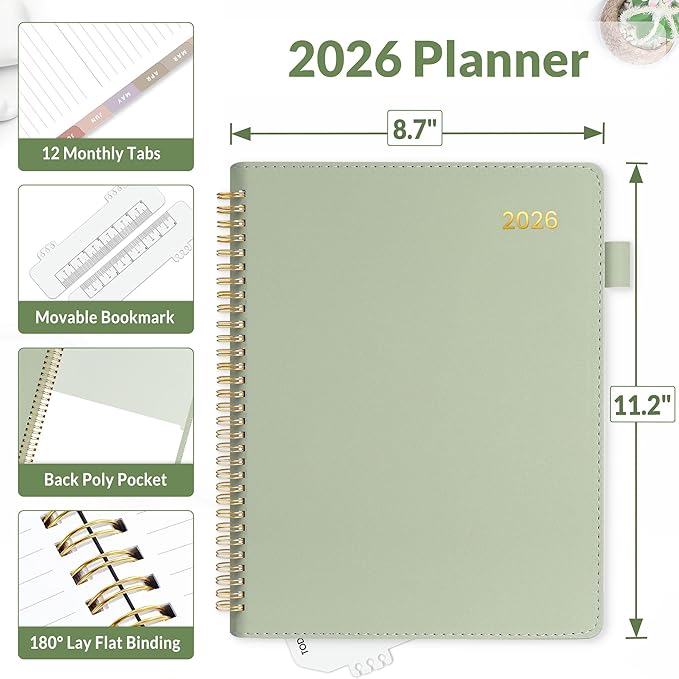 SUNEE 2026 Weekly & Monthly Planner 9"x11.2"- 12 Month (January 2026 - December 2026), Vegan Leather Cover, Pocket, Bookmark, Notes, Monthly Tab, Sage Green