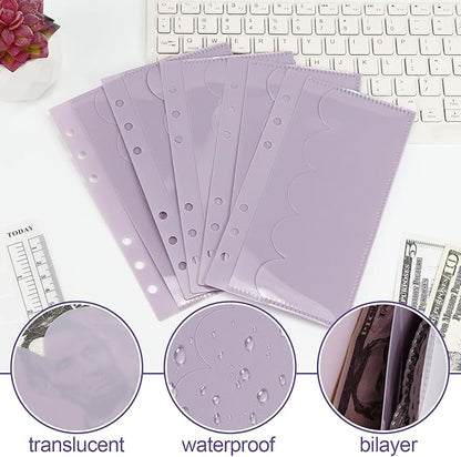 A6 Binder Pockets with No Zipper, Koqye Blue 10 Pcs Plastic Zipless Budget Envelopes, Two Pockets Frosted Cash Envelopes Money Bag for Budgeting, Cash Stuffing (Purple Petals-2set)
