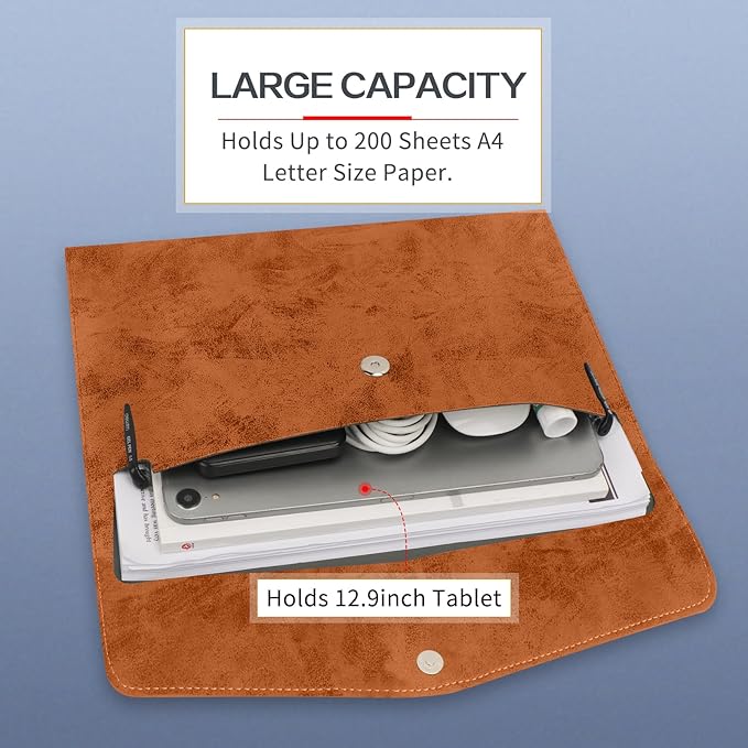 Toplive Document File Folder, Waterproof Thin PU Leather A4 Envelope Folder File Document Organizer Storage Case, Filing Envelope Folder with Magnetic Closure, Ash Brown
