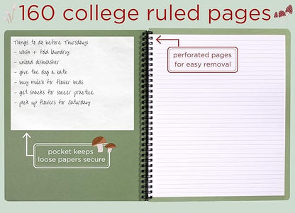 Steel Mill & Co Cute Large Spiral Notebook College Ruled, 11" x 9.5" with Durable Hardcover and 160 Lined Pages, Mushroom