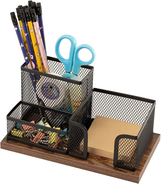 Antique Wood & Mesh Pen Holder Office Supplies Caddy, Storage Baskets for Desktop Accessorieswith Sticky Notes Holder,3 Compartments(2 Pack Black)