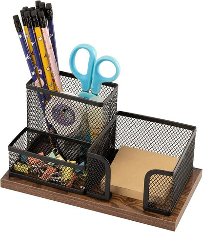 Antique Wood & Mesh Pen Holder Office Supplies Caddy, Storage Baskets for Desktop Accessorieswith Sticky Notes Holder,3 Compartments(2 Pack Black)