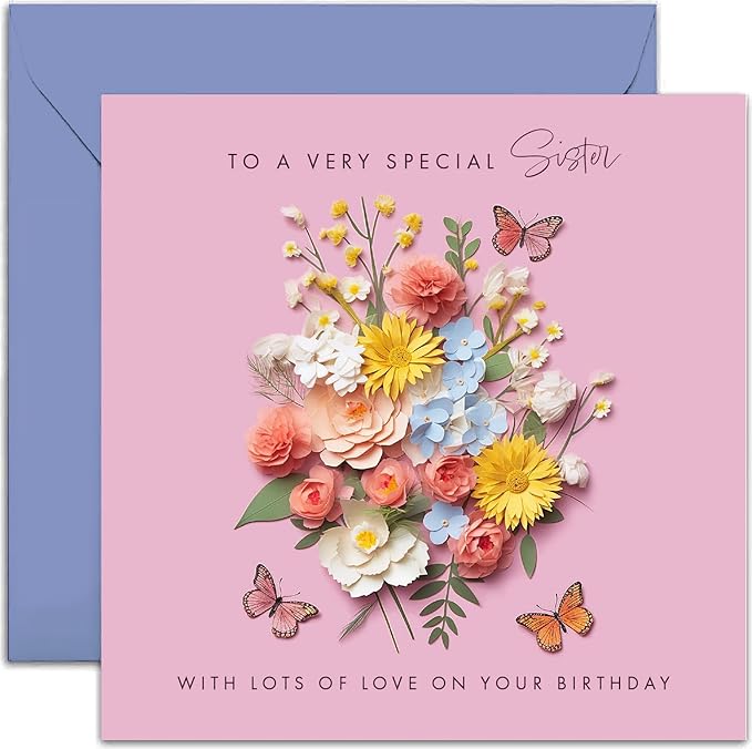 Old English Co. Special Sister Birthday Card for Her - Pink Flower Butterfly Artwork Birthday Card for Sister from Brother, Sibling - Cute Sister Birthday Card | Not 3D Card