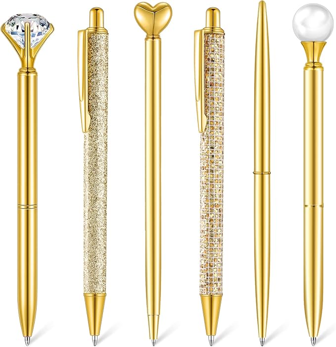 6 Pcs Ballpoint Pens Set Metal Crystal Diamond Pen for Journaling Glitter Pretty Cute Stationery Black Ink Fancy Gifts for Women Girls Teacher Office Wedding School Supplies(Gold)