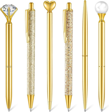 6 Pcs Ballpoint Pens Set Metal Crystal Diamond Pen for Journaling Glitter Pretty Cute Stationery Black Ink Fancy Gifts for Women Girls Teacher Office Wedding School Supplies(Gold)