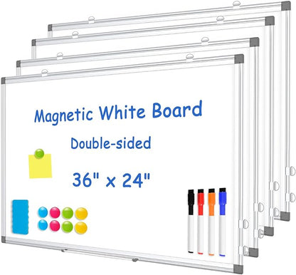 WALGLASS 4 Pack White Board, 36" x 24" Double-Sided Dry Erase White Board for Wall, Hanging Mounted Whiteboard, Horizontal or Vertical Silver Aluminium Frame for Home, School, Office, Kitchen