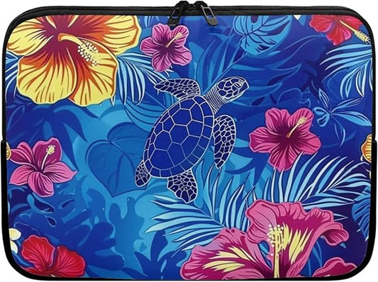Sea Turtle Printed Laptop Briefcase for Women Men, Hibiscus Flower Printed 13 Inch Laptop Bag Messenger Bag Lightweight Laptop Case for Office Business Traveling Daily Use