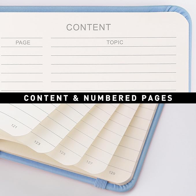 RETTACY Journaling Notebooks, A5 Lined Journal Notebook with 192 Numbered Pages, 5.7'' × 8.3'' Medium Size, for Writing, Work, Office, Leather Hardcover, 100 GSM Thick Paper (Light Blue)