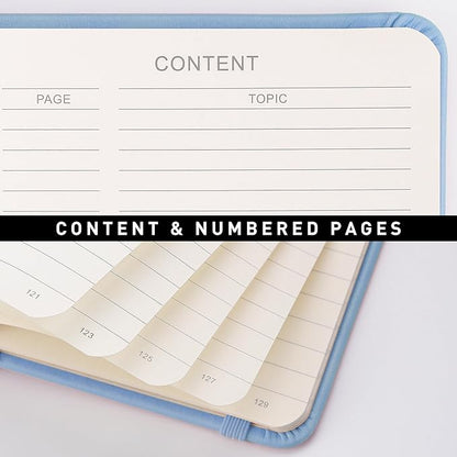 RETTACY Journaling Notebooks, A5 Lined Journal Notebook with 192 Numbered Pages, 5.7'' × 8.3'' Medium Size, for Writing, Work, Office, Leather Hardcover, 100 GSM Thick Paper (Light Blue)