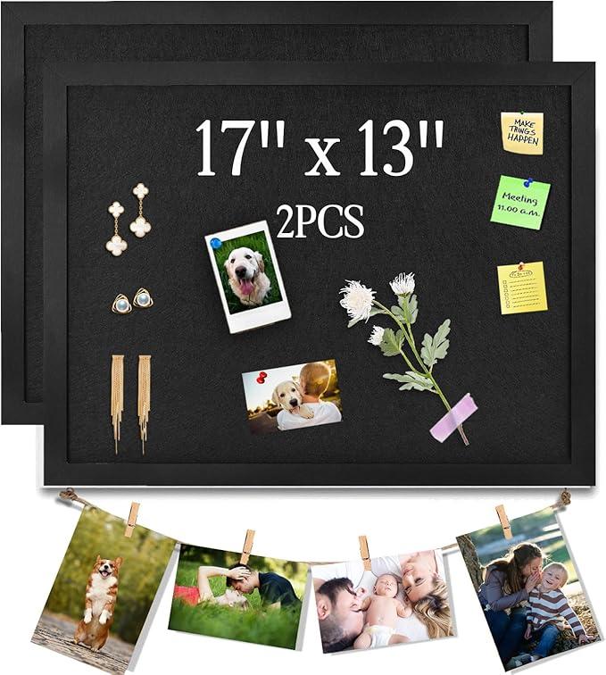 Black Bulletin Boards Cork Board with Felt, 17"x13" Large Display Pin Board Vision Board for Walls, Jewelry, Notes, Collection, Photos, Office, Wood Framed(Black) & Felt(Black), 2pc