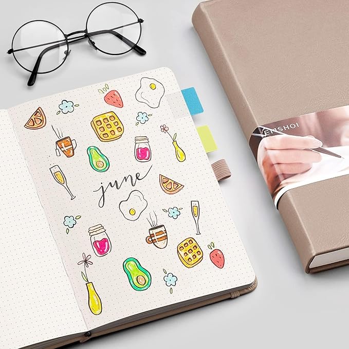 EMSHOI Dotted Notebook - 256 Pages A5 Dot Grid Journal Bullet Notebook with 120gsm Thick Dotted Paper,16 Perforated Pages, Hardcover Leather, Pen Holder, Inner Pocket, 5.75'' × 8.38''-Khaki