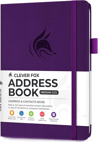 Clever Fox Address Book with alphabetic tabs - PU Leather Telephone and Address Book for Keeping Contacts Safe, Contact Organizer Journal, Medium Size (5.3″ x 7.7″) Hardcover, Purple
