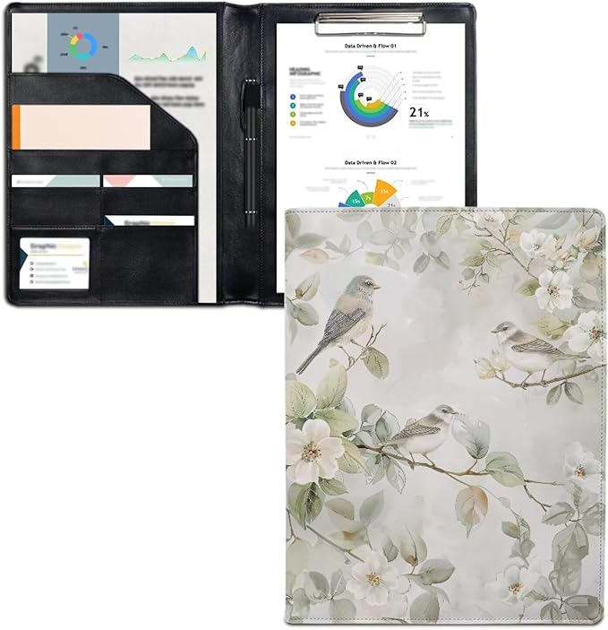 Office Folder Hummingbird White Flower Print PU Leather Padfolio with A4 Size Clipboard Clip for Business Resume Interview Document Sleeve Binder Folder