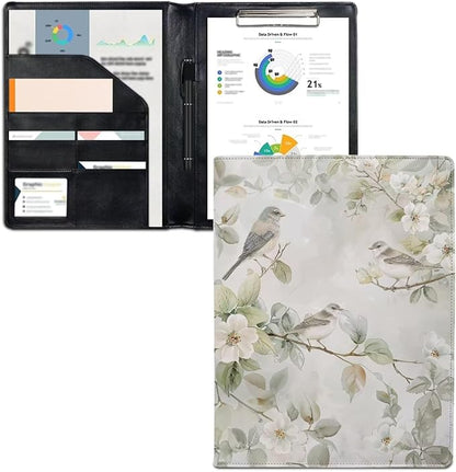 Office Folder Hummingbird White Flower Print PU Leather Padfolio with A4 Size Clipboard Clip for Business Resume Interview Document Sleeve Binder Folder
