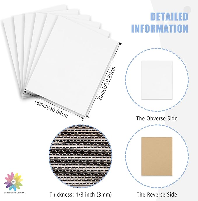 Mat Board Center, 25 pack 16x20 Corrugated Cardboard sheet, 1/8 inch thick, Flat Cardboard Inserts for Mailing, Packaging & Shipping, Cardboard Backing, Craft Card Board (White on one side)