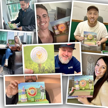 OUR FRIENDLY FOREST Pop Up Birthday Card with Light & Sound Features Real Donald Trump Voice Message for Men and Women, Parents, Couples (Golf)
