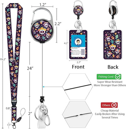 Giancomics Day of The Dead Lanyards for Id Badges, Sugar Skull ID Badge Holder with Lanyard Badge Reel Retractable, Spooky Lanyard with ID Holder Keychain Clip Name Tag ID Card Holder Women Office