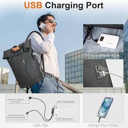 Roll-Top Laptop Backpack for 15.6" Laptop, 28L Capacity with USB Port, Expandable & Waterproof, Urban Style for Men & Women, Ideal for Work, University, Travel, and Shopping (Black)