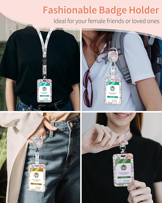 Uniclife Floral Sliding Badge Holder Wild Flower Plastic Case with Retractable Badge Reel Carabiner Clip & Detachable Lanyard Strap Fashionable Vertical Card Protector for Women Teacher Student