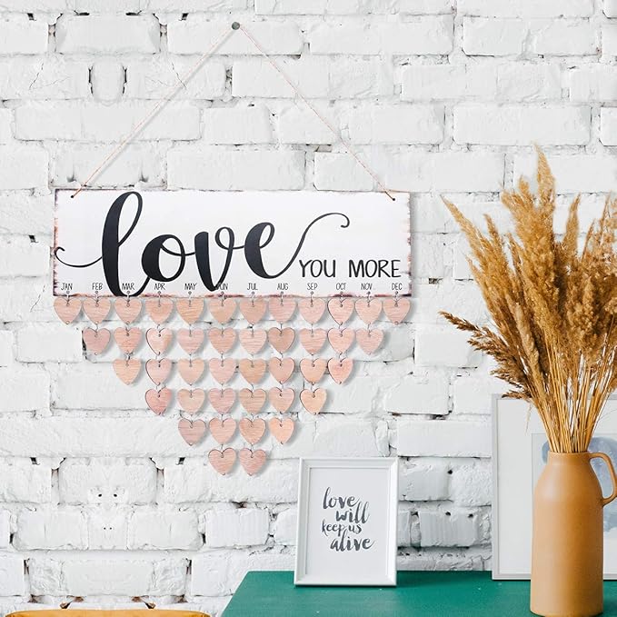 WINOMO Family Birthday Board Plaque DIY Hanging Wooden Birthday Reminder Calendar for Mom Dad Grandma Grandpa with 50pcs Wooden Hearts