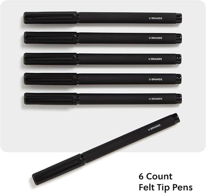 U Brands Catalina Felt Tip Pens, Set of 6, Midnight Black, Painted Metal Hardware, Medium (0.7 mm) Point, Black Ink