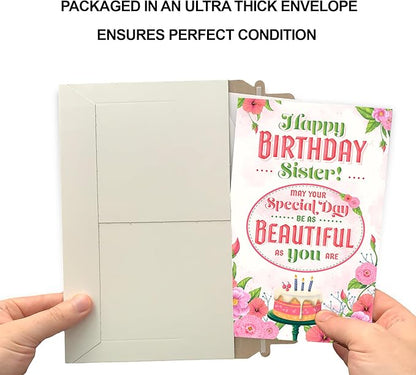 Prime Greetings Sister Birthday Card, Made in America, Eco-Friendly, Thick Card Stock with Premium Envelope 5in x 7.75in, Packaged in Protective Mailer