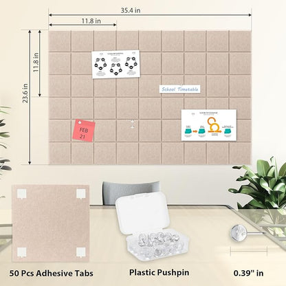 Smarpau 48"x36" Felt Bulletin Boards Felt Wall Tiles 12 Pack Large Corkboard Cork Bulletin with Removable Adhesive Tabs Square Cork Wall Tiles for Office Home Classroom Deep Camel