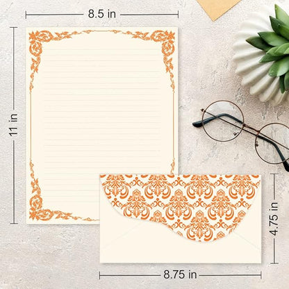 Anzon Mories 96 Piece Stationary Set (64 Sheet Paper and 32 Envelope) Both Side Line Vintage Ivory Lace pattern 2 Color Navy Orange Gold border Stationery Letter Writing Paper 8.5 x 11 In College Rule