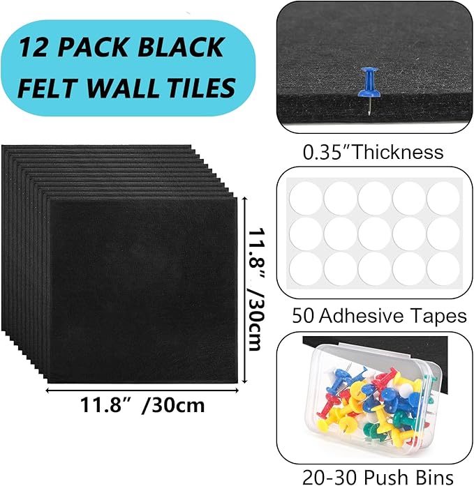 YOUEON 12 Pcs Black Felt Bulletin Board for Wall 12" x 12", Black Cork Board Alternative with Pushpins & Self Adhesive Stickers, Soundproof Wall Tiles, Pin Boards for Home Office School