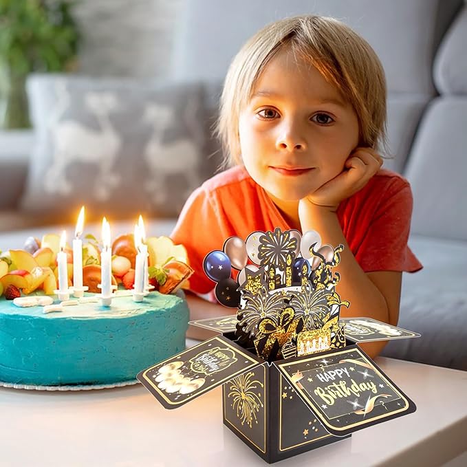 Surprise Pop Up Happy Birthday Cards, Lovely 3D Birthday Card for Adults and Kids with Envelopes, Unique Design Handmade Foldable Greeting Cards for Daughter, Son, Mom, Dad, Friend（Black）