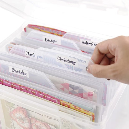 Greeting Card Storage & Organizer Box with 6 Removable Dividers for Holiday Birthday Get Well Cards Photos, Crafts, Scrapbooking(Clear)