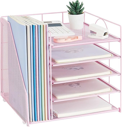 Desk Organizers and Accessories, 5-Tier Paper Letter Tray Organizer with File Holder, Pink Office Decor (Pink)