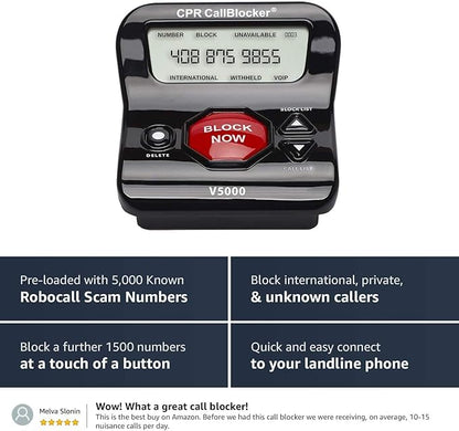 CPR V5000 Call Blocker for Landline Phones, Home Phones, Cordless Phones – Stop All Unwanted Calls, Robocalls, Scam Calls at a Touch of a Button - Join Over 1 Million Satisfied Customers