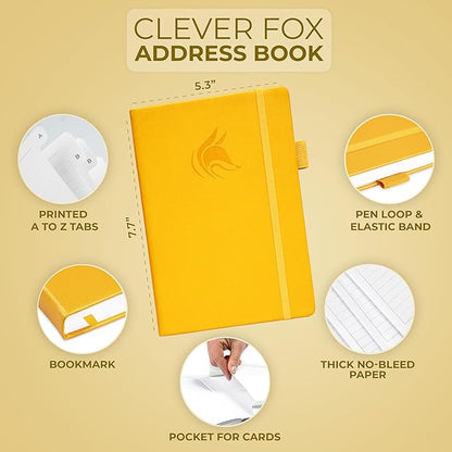 Clever Fox Address Book with alphabetic tabs - PU Leather Telephone and Address Book for Keeping Contacts Safe, Contact Organizer Journal, Medium Size (5.3″ x 7.7″) Hardcover, Amber Yellow