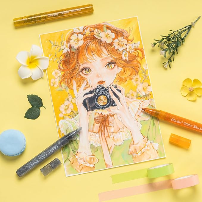 Ohuhu Glitter Markers Pen 18 Glitter Colors Metallic Shimmer Marker Round Point Tip Water-based Ink for Kids Adults DIY Crafts Greeting Birthday Cards Making Poster Album Scrapbooking Mugs Wood