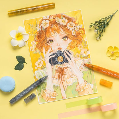 Ohuhu Glitter Markers Pen 18 Glitter Colors Metallic Shimmer Marker Round Point Tip Water-based Ink for Kids Adults DIY Crafts Greeting Birthday Cards Making Poster Album Scrapbooking Mugs Wood