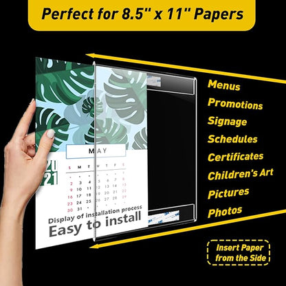 12 Pcs Acrylic Sign Holder 11 x 8.5, Horizontal Wall Mount Sign Holders with 3M Adhesive, Clear Plastic Frames Paper Display Sign Holders for Office, Home, Store, Restaurant - No Drilling