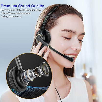 Office Telephone Headset with Noise Cancelling Mic RJ9 U10P Bottom Cable Compatible with Landline Desk Phones Polycom VVX, Avaya Digital, Fanvil, AudioCodes and Many More