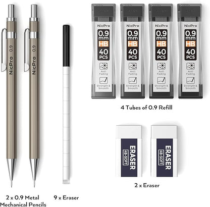 Nicpro 2 PCS 0.9 mm Metal Mechanical Pencils Set, Drafting Pencil for Artist Writing, Sketching, Drawing, with 4 Tubes HB Lead Refill & Erasers, Erasers Refills & Storage Case