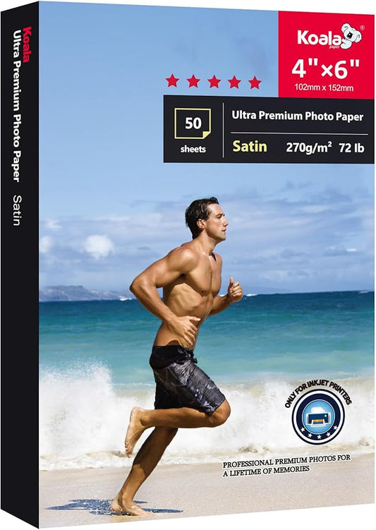 Koala Ultra Premium Photo Paper 4X6 In Satin Photo Printer Paper for Inkjet Printer Water-Resistant Semi Gloss 50 Sheets 72lb