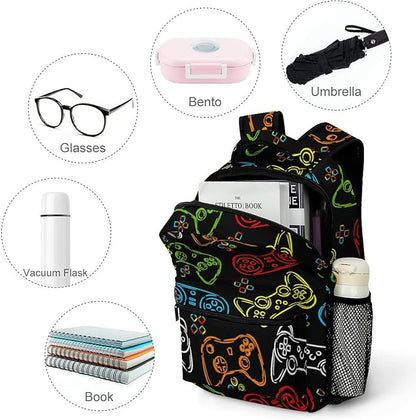 Fiokroo Game Joystick Colorful Silhouettes Backpack School Bag For Students Teens Men Women Laptop Backpacks Travel Daypack Bag With Multiple Pockets