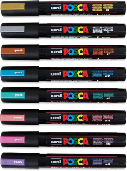Posca Markers Set, 8 Medium Paint Markers 5M – Metallic Tones – Gold, Silver, Bronze, Metallic Blue, Metallic Green, Metallic Red, Metallic Pink, Metallic Violet